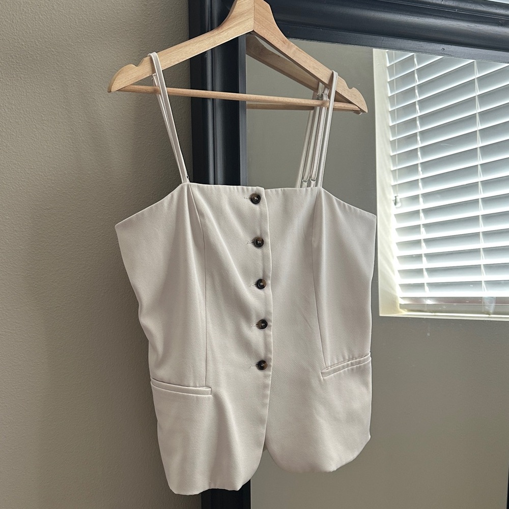 Cream Button-Front Spaghetti Strap Camisole Top